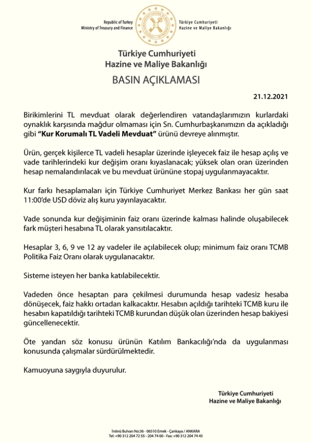'Kur Korumalı TL Vadeli Mevduat' devreye alındı